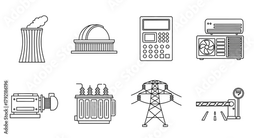 A comprehensive line art icon set representing electrical energy generation, power transmission, and industrial equipment