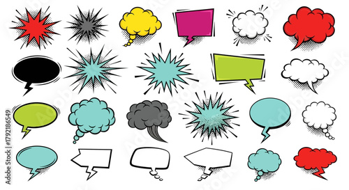 Diverse vector collection of pop art comic speech bubbles, thought balloons, and action explosion bursts for graphic design projects
