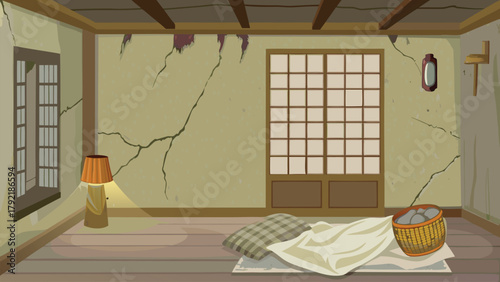 Asian farmer poor room inside mud walls and cracked ai generated art