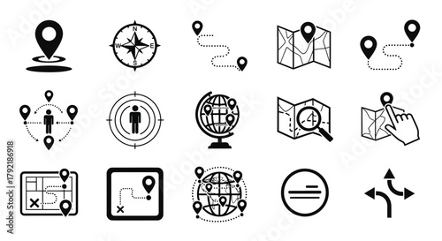 A collection of black line icons for navigation, location, and mapping, including GPS, route, and destination symbols