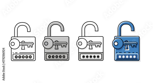 Vector icon set showing an unlocked padlock with a key for password access. Different styles for web security and login user interface design
