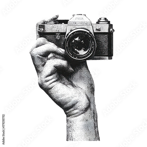 Hand holding vintage camera B&W illustration isolated on transparent background