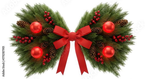 Festive Christmas garland with red bow, ornaments, pinecones, and berries