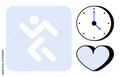 Human figure running beside analog clock and heart shape. Ideal for fitness, health, time management, lifestyle, wellness, exercise, physical activity. Simple flat metaphor