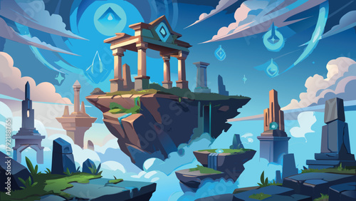 Ancient broken ruins floating in cloudy sky vector illustration ai generated