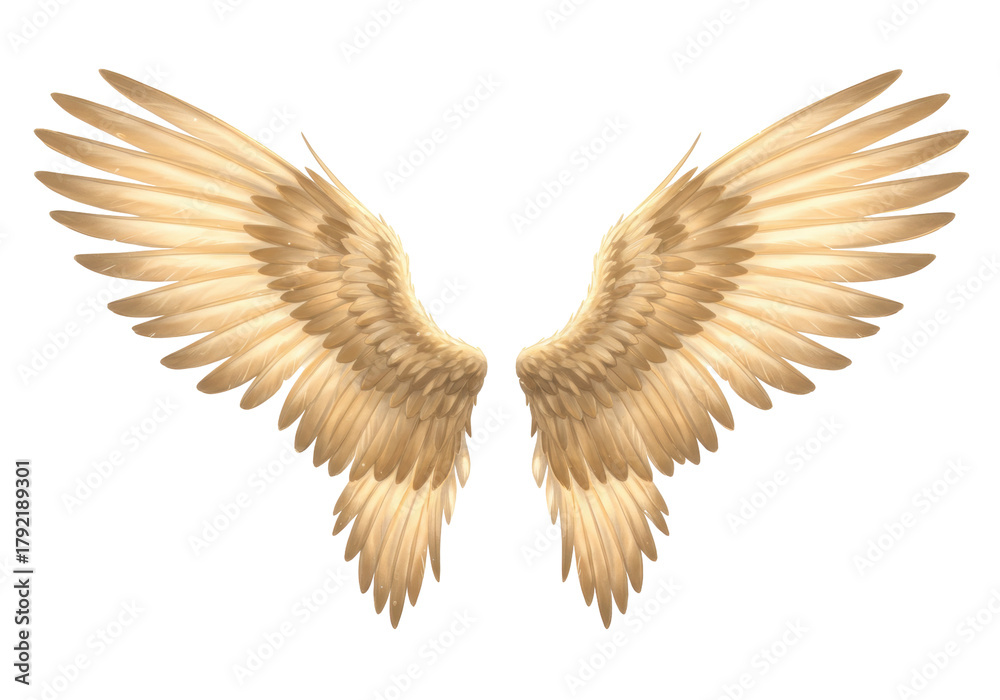 Obraz premium Isolated pair of realistic angel wings, golden color, plumage texture, heaven, fantasy
