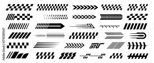 Racing cars and race car stripes vector set, checkered flag, finish line graphics, motocross labels, dynamic speed lines, motorsport designs