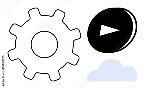 Gear, play button, and cloud symbols highlight innovation, multimedia, and digital storage. Ideal for technology, automation, media cloud computing software connectivity futuristic trends. Simple