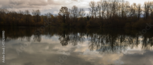 Fototapeta Naklejka Na Ścianę i Meble -  trees reflected in calm lake under cloudy sky