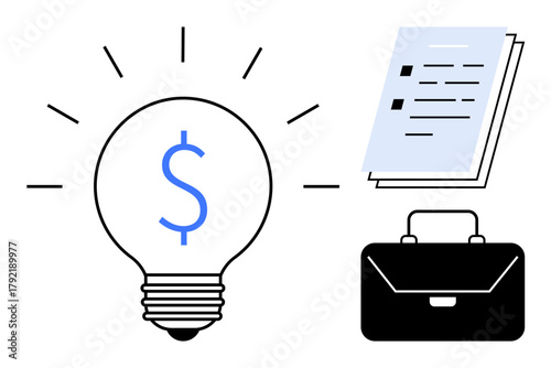 Light bulb with dollar sign, stack of documents, and briefcase symbolize finance, business strategy, innovation, and organization. Ideal for business growth, finance, creativity entrepreneurship