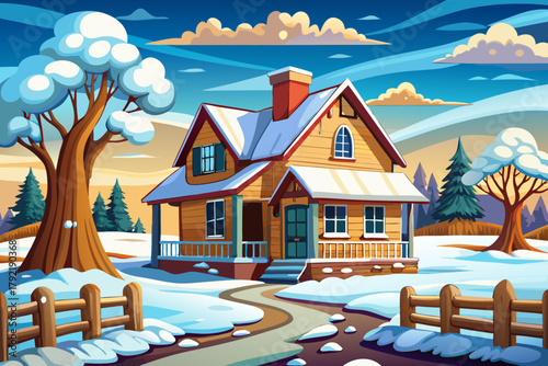 Traditional farmhouse surrounded by wooden fence and thick white snow under cloudy winter sky wallpaper background