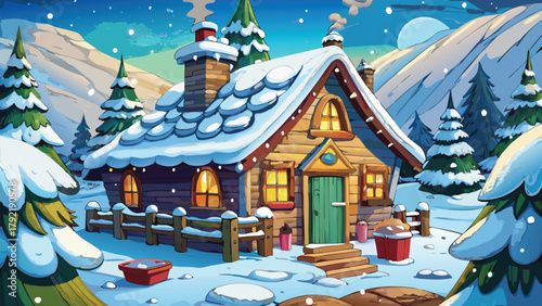 Winter house snowy cottage rural cartoon background vector illustration ai generated