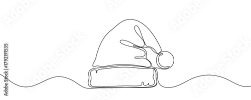 One continuous line drawing of christmas Santa Claus hat, Continuous line drawing of cap of santa. Christmas hat one line icon, vector illustration. 