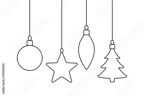 Hanging Christmas balls, Christmas tree toys. New Year's toys in one line style. Vector illustration.