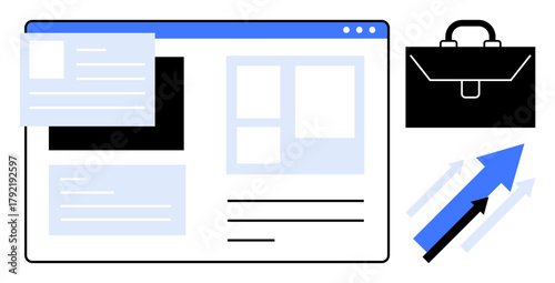 Webpage interface layout elements, business briefcase, and upward arrows indicating progress. Ideal for business strategy, corporate growth, digital tools, web design, productivity, planning simple