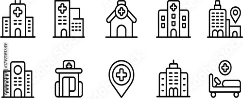 medical hospital and clinic buildings vector icon set, line style outline illustration for health care construction, medic aid, and emergency services, suitable for hospital design, clinic signage.