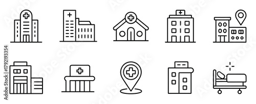 medical hospital and clinic buildings icon collection, health care construction business concept, medic aid cross vector outline sign illustration, ideal for healthcare systems, medical facility plan.