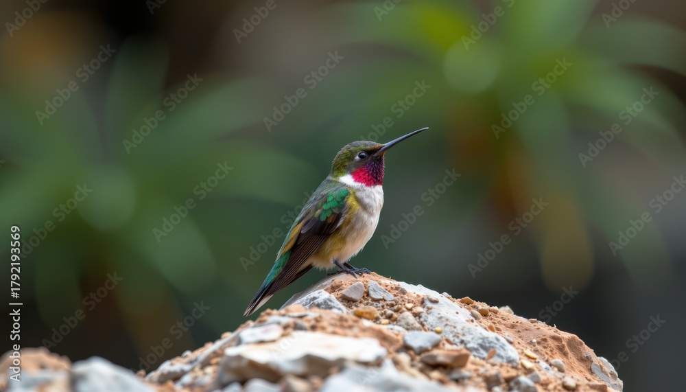 Fototapeta premium Colorful hummingbird perched on a rock with blurred green background.