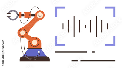 Industrial robotic arm connected to digital interface visualizing sound waves, representing automation, precision, smart technology, AI, data integration, machine learning, and innovation. A simple