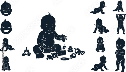 Baby activity silhouette vector, early childhood development, infant playing crawling standing, emotional expression illustration, toddler growth stages, parenting concept art