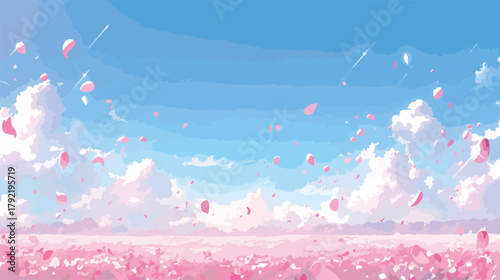 Cielo azul vibrante con pétalos de flores rosadas cayendo en un campo idílico.