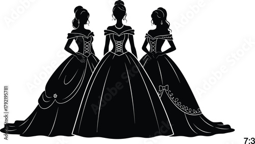 Ball gown silhouette illustration, elegant fashion vector, formal dress design, bridal wear concept, stylish women pose, decorative evening attire art