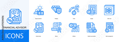 financial advisor icon collection set. Containing  Hedging, Index, budget, Safe vault, Interest rates, Bonds, Inflation icon
