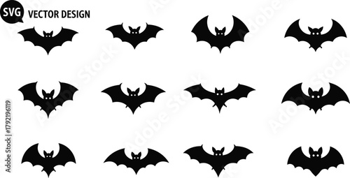 Black bat silhouettes in symmetrical design, spooky Halloween vector graphic, flying bats with glowing eyes, SVG scalable illustration for decoration