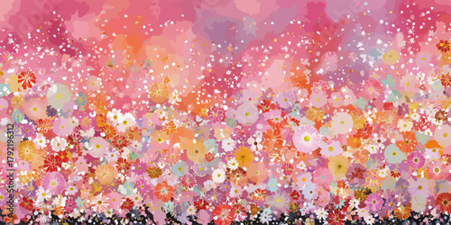 Un vibrante y colorido campo de flores pintadas con acuarela y detalles brillantes, ideal para diseño.