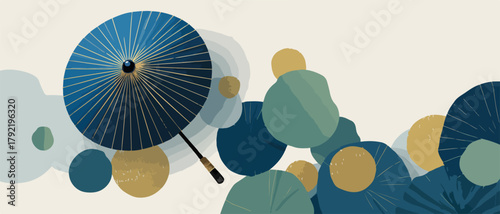 Elegante paraguas azul y dorado con formas circulares abstractas en estilo minimalista