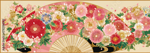 Abanico japonés adornado con un vibrante ramo de flores de estilo tradicional.