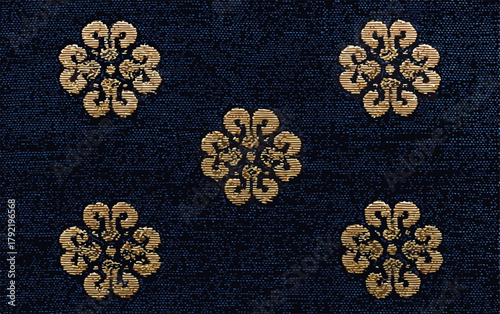 Patrón floral dorado intrincado sobre fondo azul marino oscuro, diseño vectorial elegante y ornamental.