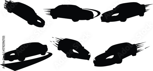 Car motion silhouette vector, dynamic vehicle shapes, drifting turning speeding icons, black auto graphics, side view, racing style, CAD drawing flat vector illustration