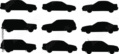 Car silhouette vector set, black vehicle profiles, sedan SUV hatchback icons, automotive design elements, side view, minimal style, CAD drawing flat vector illustration