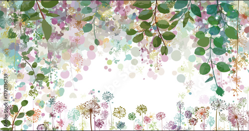 Fondo floral acuarela con hojas verdes y flores delicadas, estilo etéreo y pintado a mano.