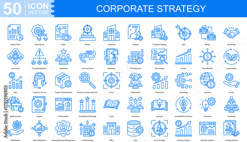 corporate strategy icon collection set. Containing Market Share, Brand Equity, Vision, Mission, corporate, strategy icon