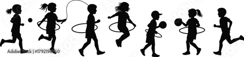 Children activity silhouette vector, kids playing icons, running jumping hula hoop ball, black figures, exercise motion, CAD drawing flat vector illustration