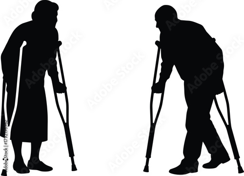   Disabled person silhouette, crutches support, rehabilitation vector, mobility aid, injury recovery, healthcare concept, accessibility illustration, walking assistance, cad drawing flat vector illust