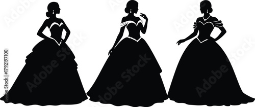 Elegant ball gown silhouette, fashion woman vector, stylish dress clipart, bridal icon design, female figure pose, cad drawing flat vector illustration