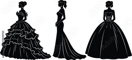 Elegant formal gown silhouettes, fashion design illustration, ball dress vector, bridal wear concept, stylish women profile, evening dress art