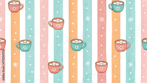 little cocoa mugs topped with marshmallows watercolor style  Vector background 