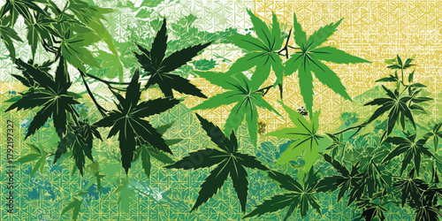 Hojas de arce verdes en un fondo texturizado con estilo japonés, arte vectorial.