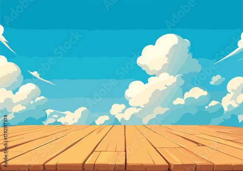 Plataforma de madera bajo un cielo azul vibrante con nubes blancas esponjosas, estilo vector.