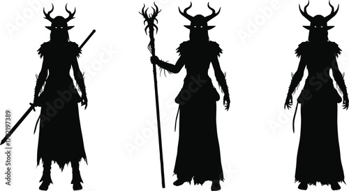 Fantasy character silhouette, glowing eyes, antler horns, dark robe, sword and staff, mystical warrior, mage figure, vector art, gothic design