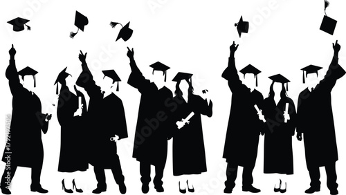 Graduation celebration silhouette group throwing caps, happy students wearing gowns and holding diplomas, university success vector, education achievement illustration, black background