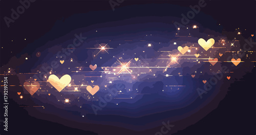 Corazones dorados brillantes flotando en un fondo oscuro con destellos y partículas luminosas.