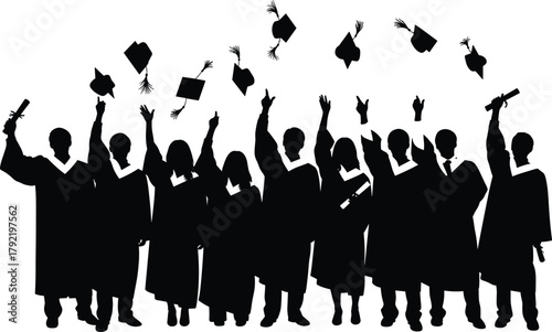 Graduation celebration silhouette, black vector illustration, students in gown and cap, CAD drawing style, diploma ceremony, flat isolated clipart