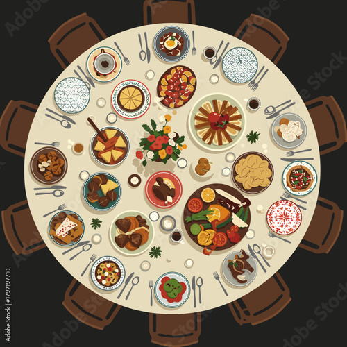 An elegant overhead illustration of a festive round dining table, showcasing a bountiful array of delicious culinary creations and settings, perfect for a joyful gathering or celebration