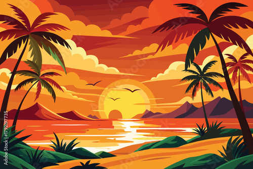 Sunset over tropical island with palm trees, serene ocean, and vibrant sky in warm colors