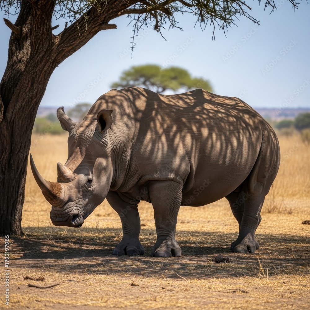 Fototapeta premium Rhino beneath the african acacia, serengeti landscape, wildlife sanctuary, conservation efforts
